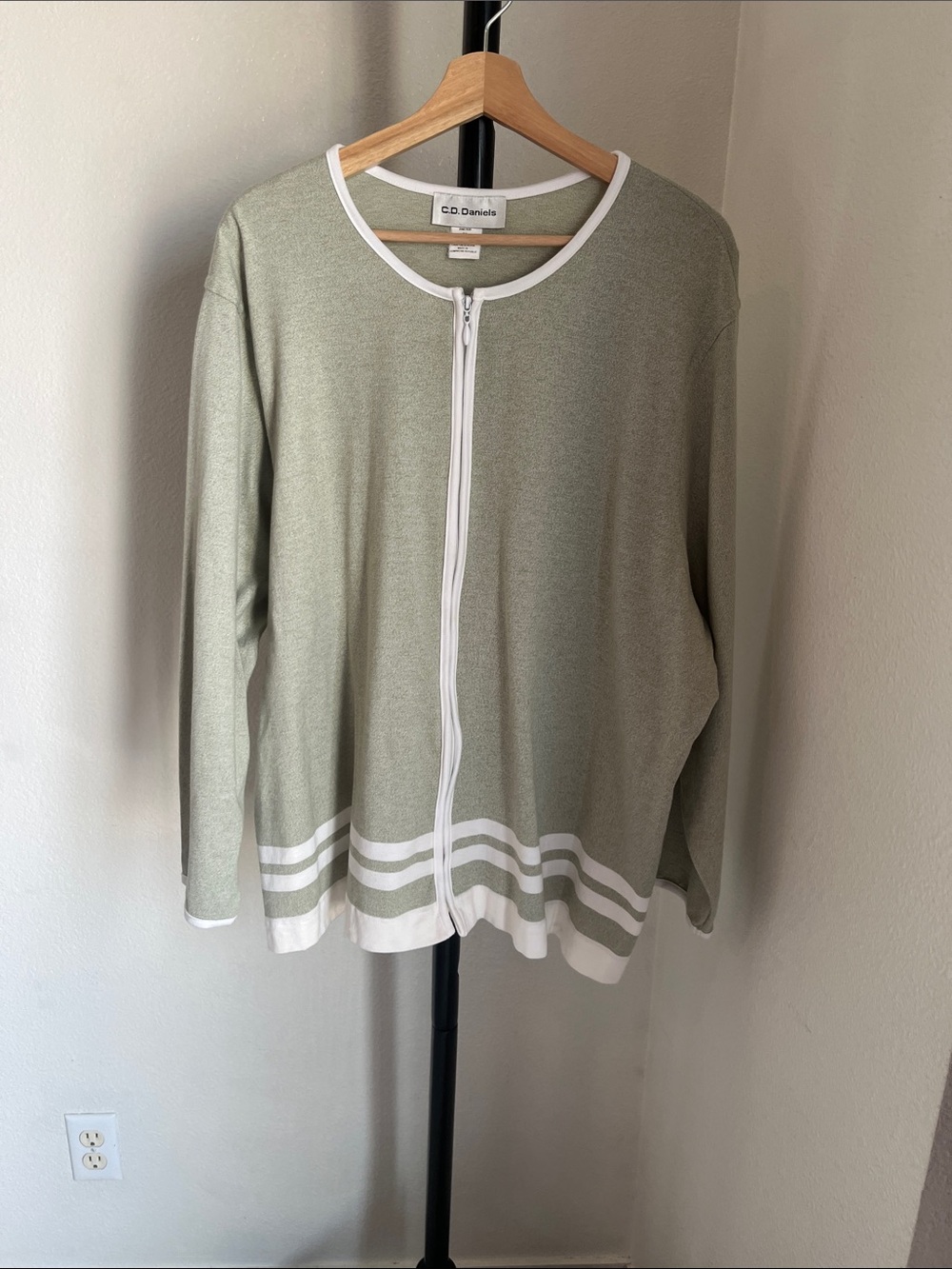 Light Sage Zip-Front Cardigan with White Trim